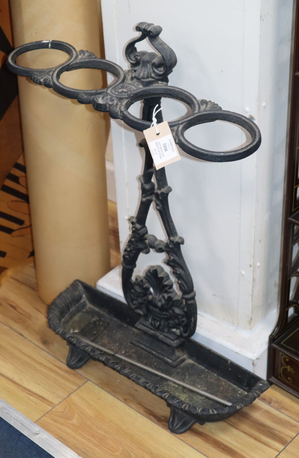 A Victorian Coalbrookdale style cast iron four division stick stand, W.46cm, D.66cm